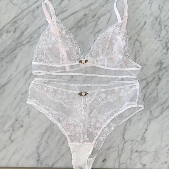Victoria Secret For Love and Lemons Daisy Sheer Pink Lace Bra & Underwear Set